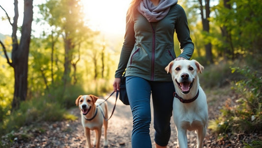 Person walking a dog in stylish outdoor clothes.