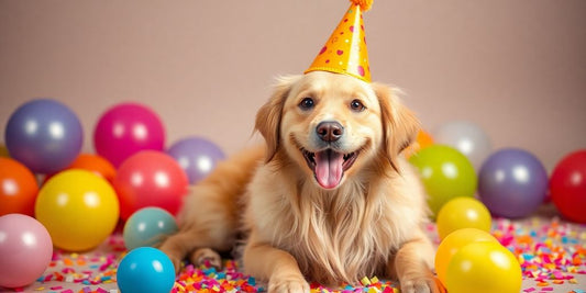 Happy dog in party hat, colorful balloons.