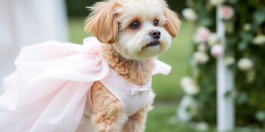 Small dog in a pink bridesmaid dress.