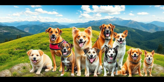 Collage of energetic dogs in outdoor adventures.