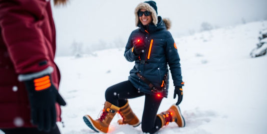 Cozy heated winter wear in a snowy outdoor setting.