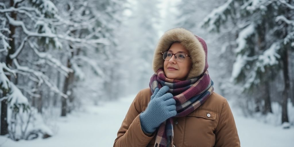 Person in winter attire enjoying snowy outdoor adventure.