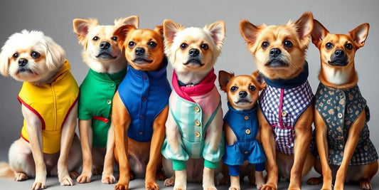 Stylish custom dog outfits on adorable pet models.