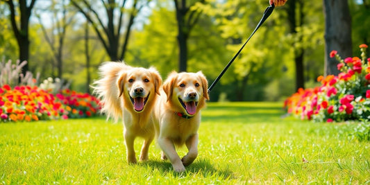 Happy dog walking in a sunny park in Hayward, CA.