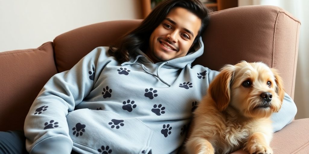 Dog lover in paws hoodie relaxing with their dog.
