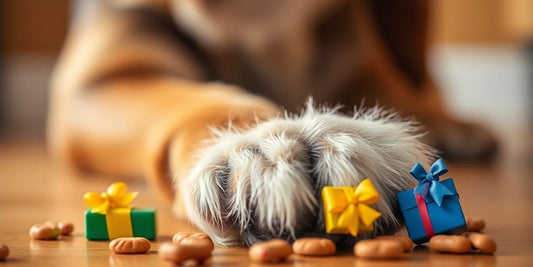Dog paw print with gift bows and treats.