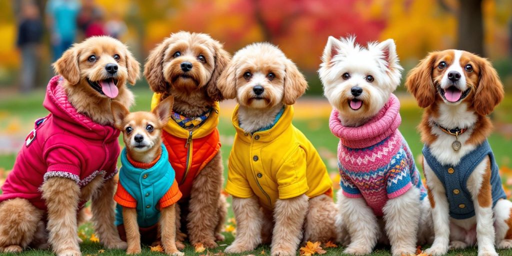 Stylish dog apparel on various breeds in a park.