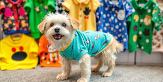 Colorful puppy shirts displayed with a happy dog.