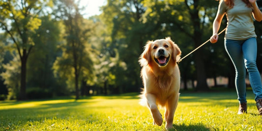 Happy dog walking with handler.