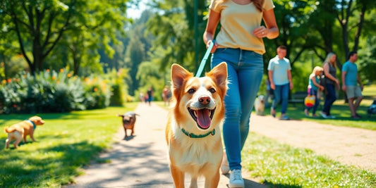 Happy dog and walker in a sunny park setting.
