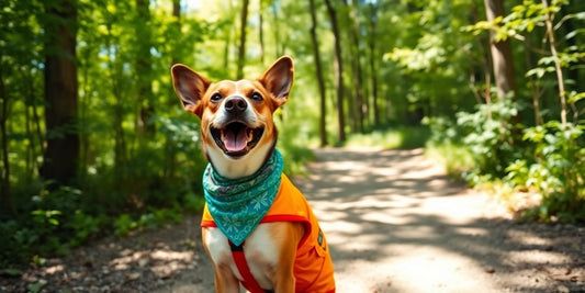 Dog wearing bright active wear on a sunny trail.