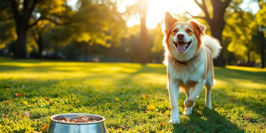 Dog walking in a park with a food bowl nearby.