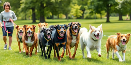 Happy dogs on leashes with walker.