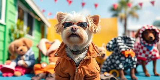 Trendy dog in stylish outfit with accessories outdoors.