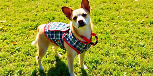 Stylish dog in colorful customized outfit on grass.
