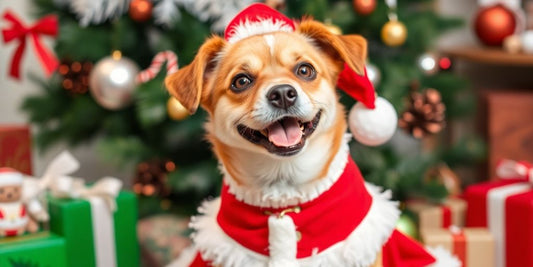 Dog in a festive Santa dress for Christmas.