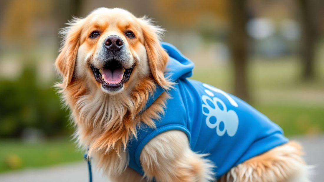 Dog wearing a custom blue hoodie with paw print.