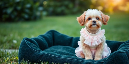 Small dog in pink dress, outdoor setting.