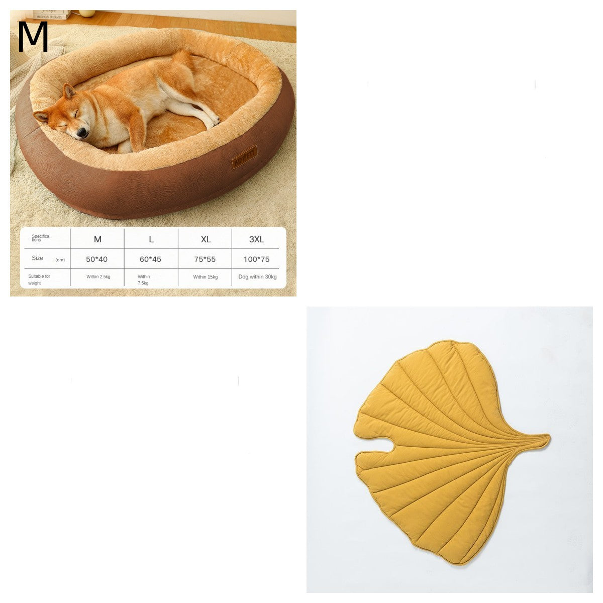 Dog lying in a brown pet bed with size chart, followed by a yellow leaf-shaped mat on a white background.