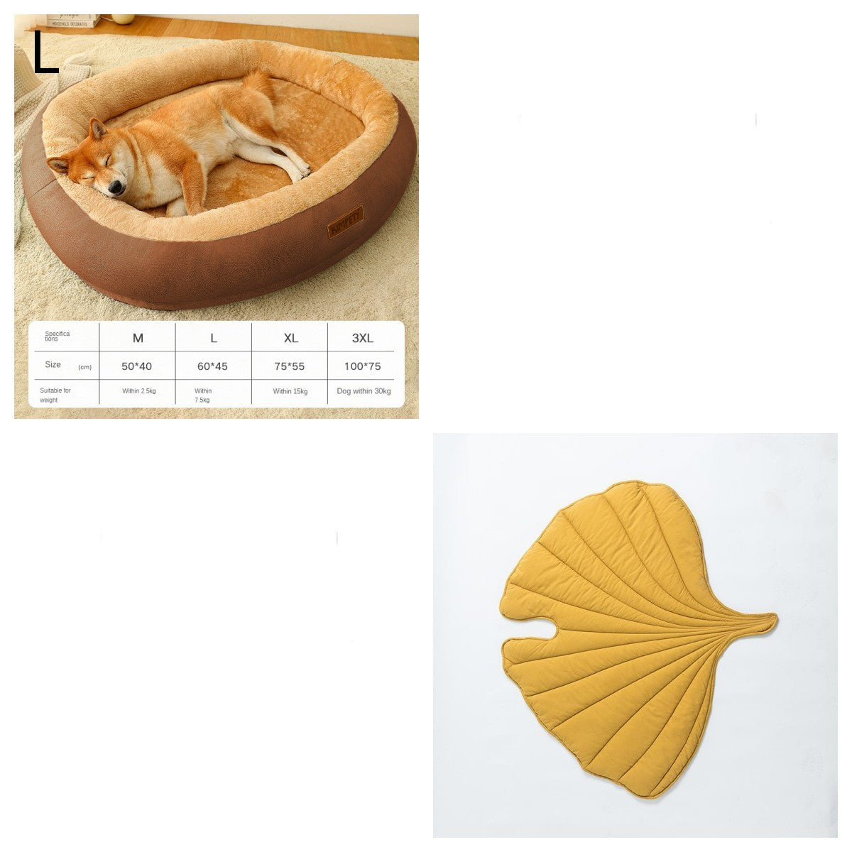 Dog lying in a brown pet bed with size chart, followed by a yellow leaf-shaped mat on a white background.