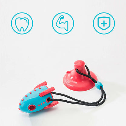 Colorful toy with a rope attachment on a white background, featuring icons for dental health, muscle strength, and safety.