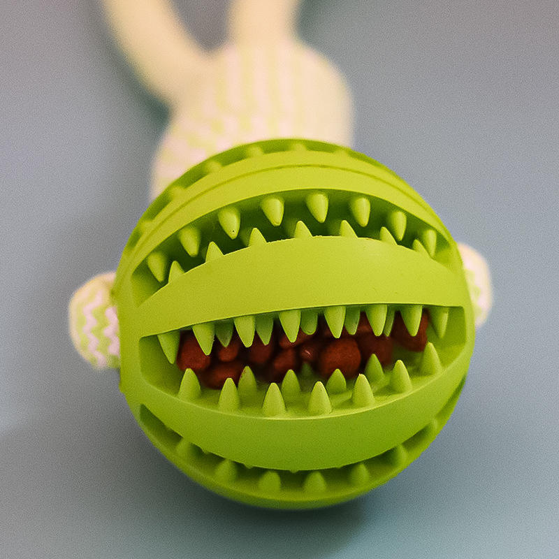 Green dog toy with textured surface and red interior on a gray background