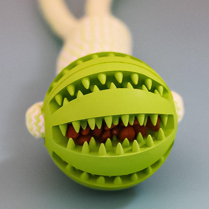 Green dog toy with textured surface and red interior on a gray background