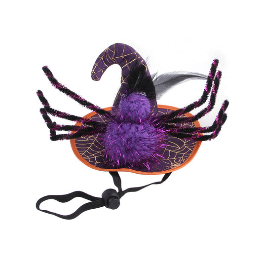 Halloween-themed witch hat with purple pom-pom and black pipe cleaner on a white background