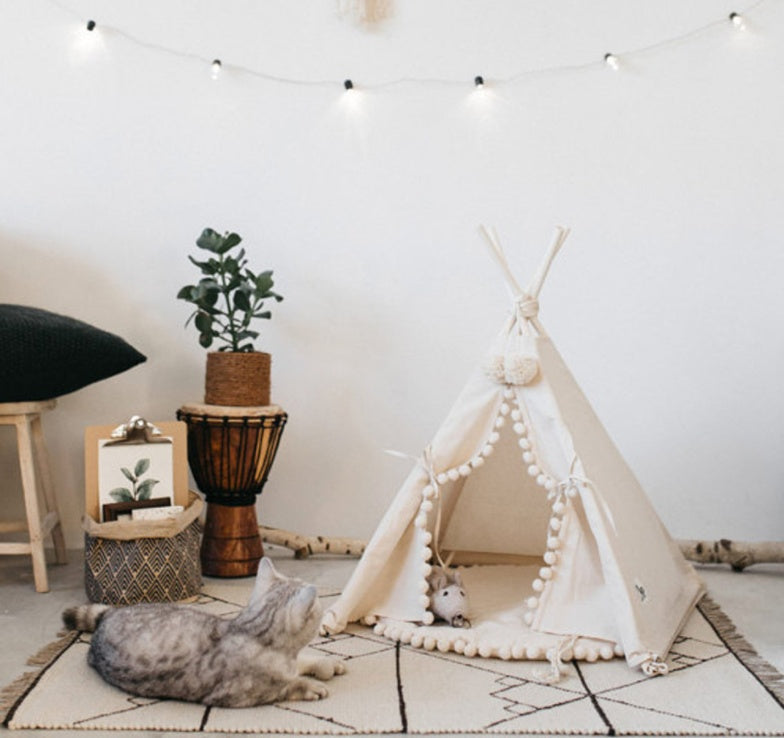 Children's playroom with a teepee, cat, and decorative items.