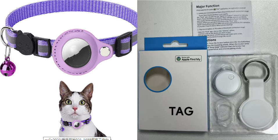 Purple Reflective Waterproof AirTag Collar  and key chainfor Cats & Dogs and cat wearing the collar