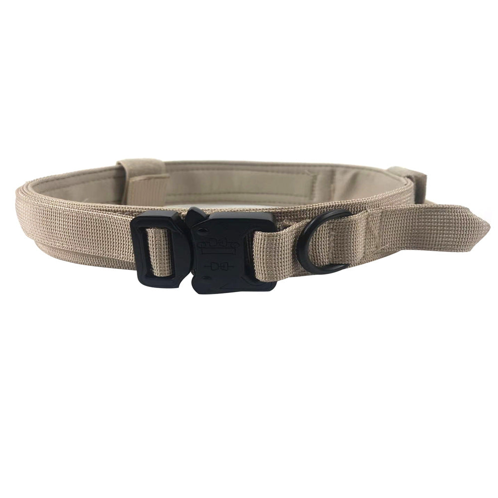 Tan belt with a black buckle on a white background