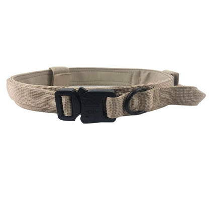 Tan belt with a black buckle on a white background