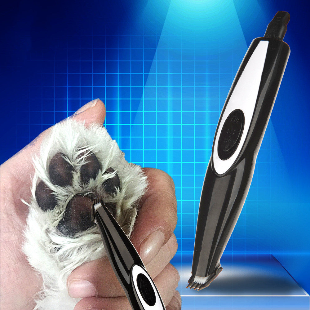 Pet nail trimmer being used on a dog's paw with a blue grid background