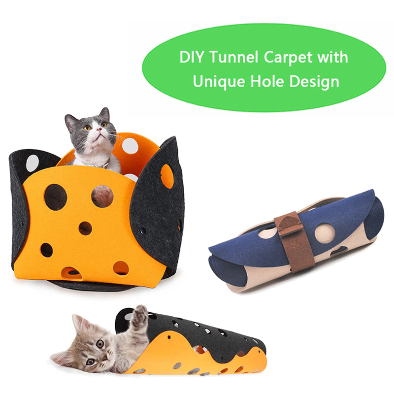 Cat tunnel carpet with unique hole design featuring two cats playing inside.