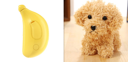 Yellow dog training device next to a small brown dog on a light background