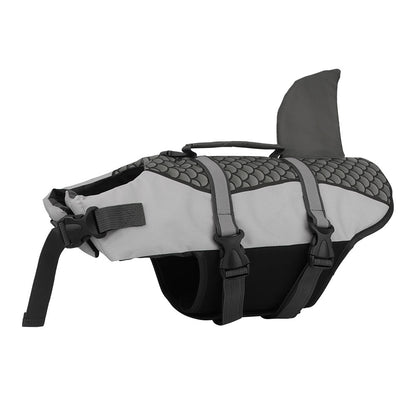 Dog life jacket with shark fin design on a white background