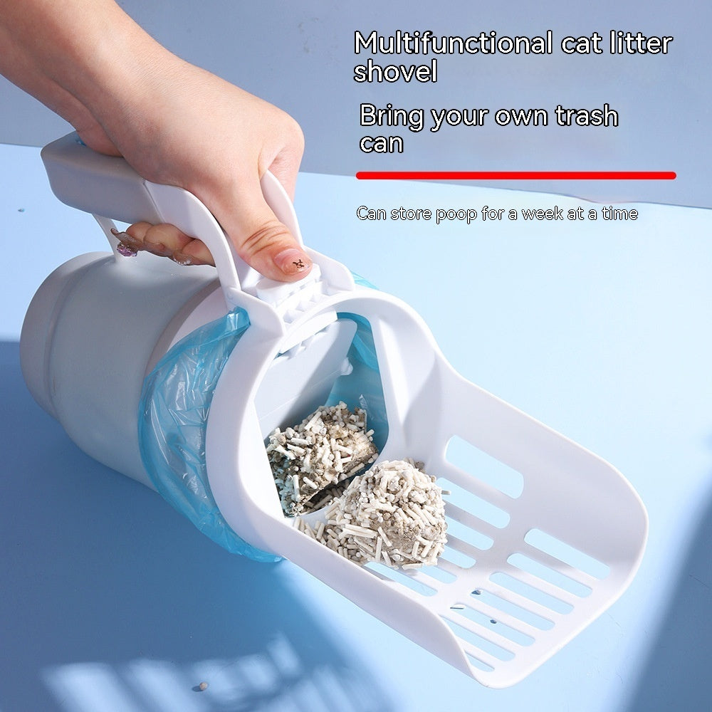Multifunctional cat litter shovel with text on a blue background