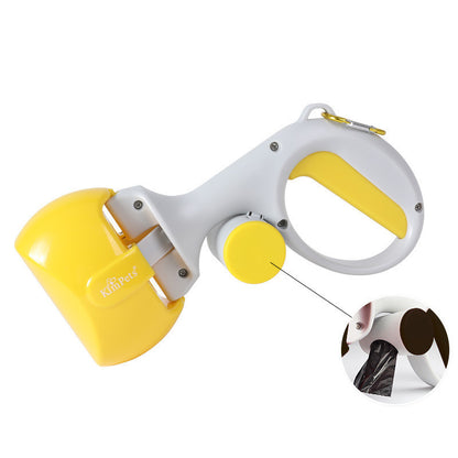 Yellow and white pet leash with a dog-shaped bag on a white background