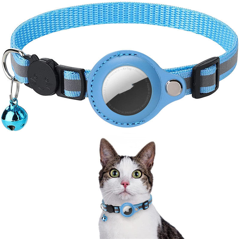 Blue Reflective Waterproof AirTag Collar for Cats & Dogs and cat wearing the collar