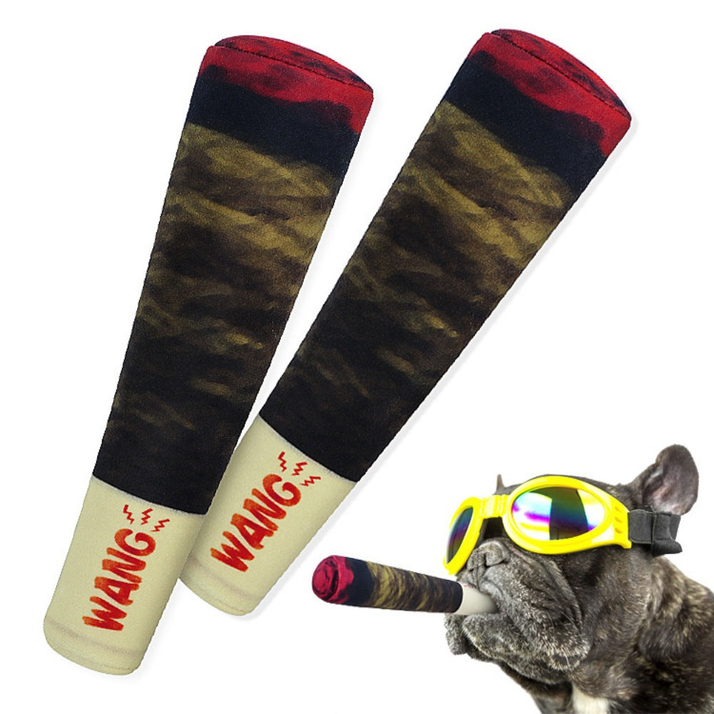 Two cylindrical products with 'WANG' branding and a dog wearing goggles holding one of them.