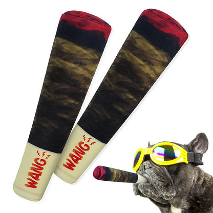 Two cylindrical products with 'WANG' branding and a dog wearing goggles holding one of them.