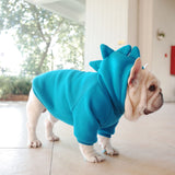 Dog wearing a blue dinosaur costume indoors