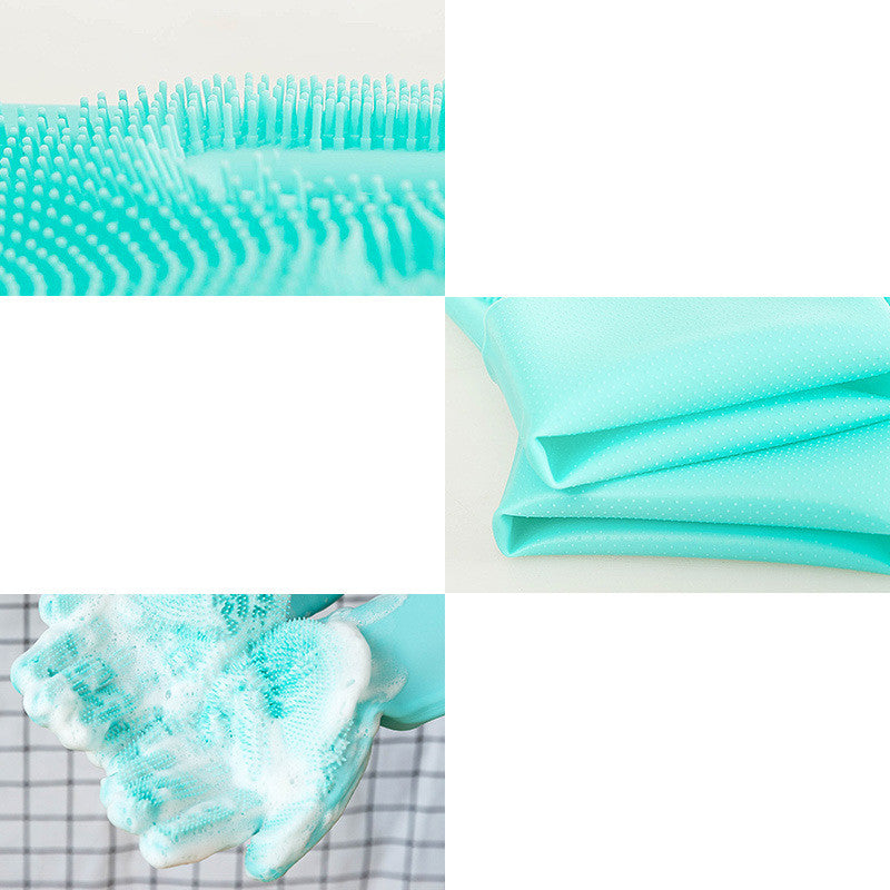 Collage of a teal cleaning brush, cloth, and soap on a white background