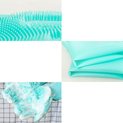 Collage of a teal cleaning brush, cloth, and soap on a white background
