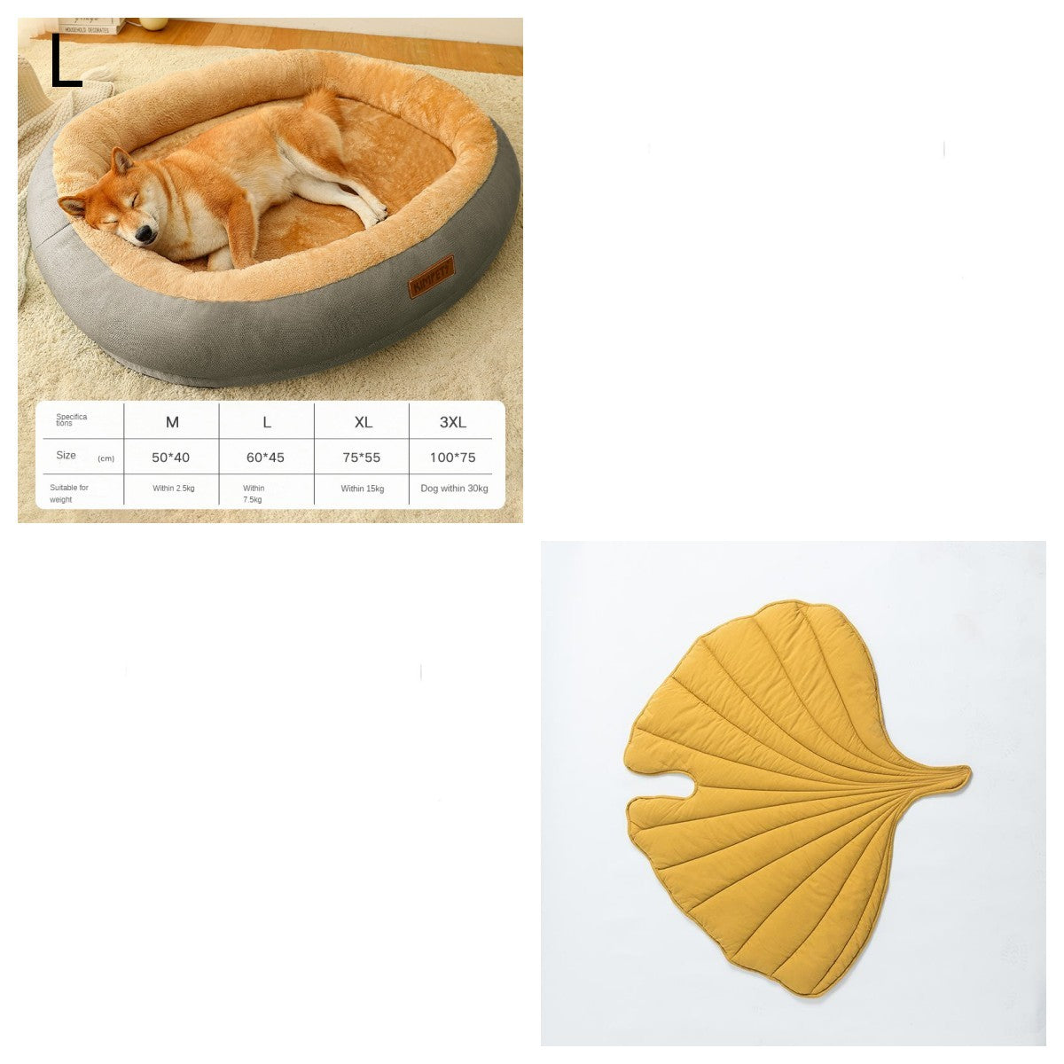 Dog lying in a pet bed with a size chart, followed by a yellow leaf-shaped mat on a white background.