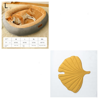 Dog lying in a pet bed with a size chart, followed by a yellow leaf-shaped mat on a white background.