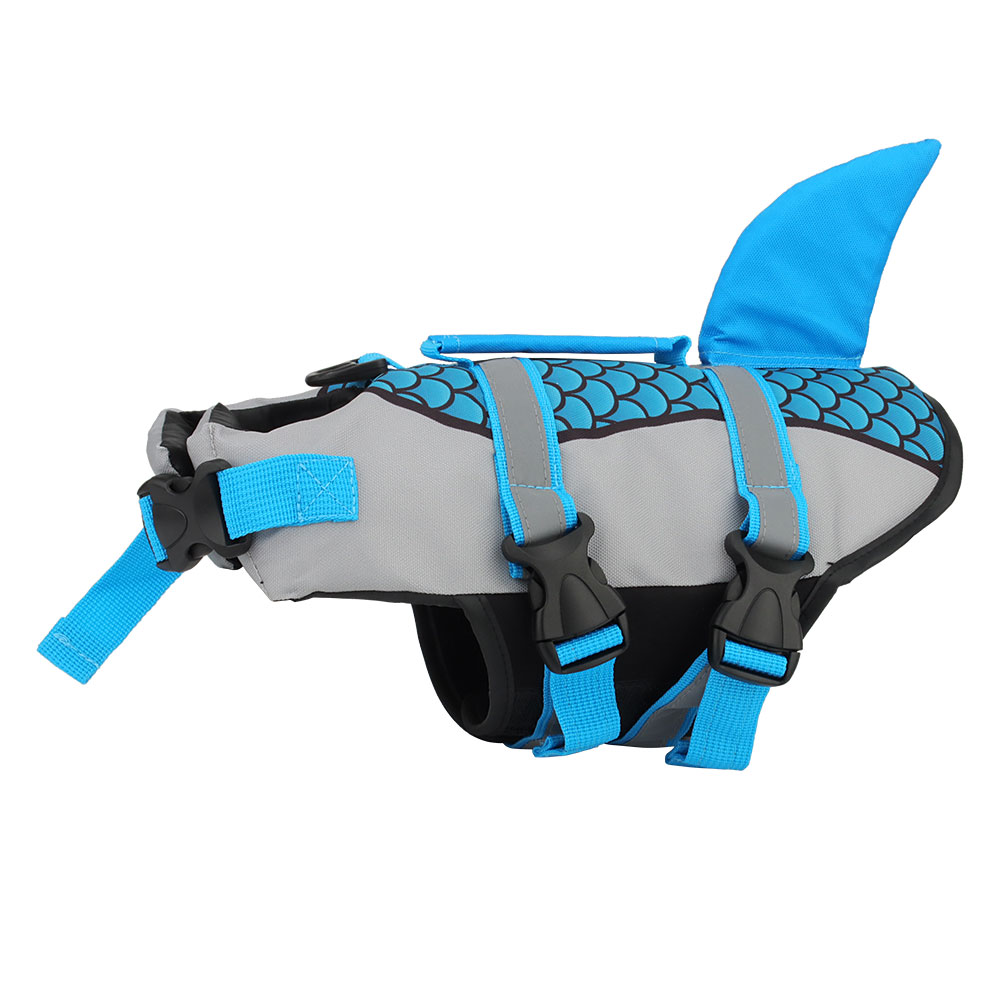Dog life jacket with shark fin design on a white background