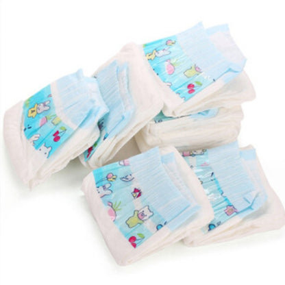 Stack of baby diapers with cartoon design on a white background