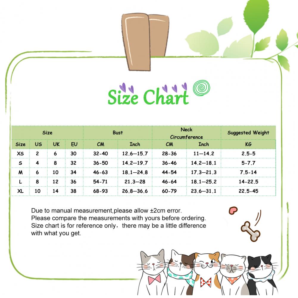 Cat size chart with measurements and illustrations on a white background