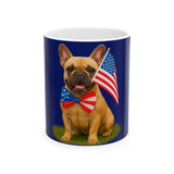Mug with a dog holding an American flag on a blue background